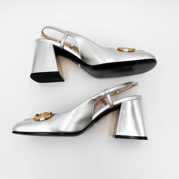 Gucci Baby Horsebit Metallic Silver Slingback Block Heels Size 37.5, 7.5 - Picture 4 of 16